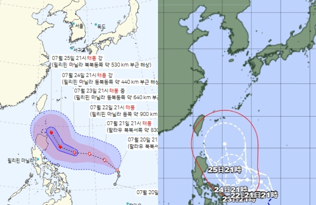 5호 태풍 독수리 기상청(왼쪽), 일본 기상청(오른쪽) 예상경로