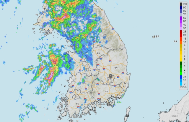 22일 오후 9시 30분 기준 전국 강우 현황. 기상청