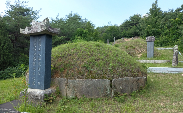 충재 권벌의 묘소.혈처에 근접한 묘소는 충재 부부 합폄 묘소와 장자 권동보 묘소, 며느리 밀양박씨 묘소이다.