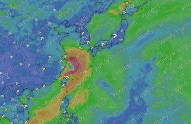 유럽중기예보센터(ECMWF) 모델 예상 8월 2일 0시 기준 6호 태풍 카눈 위치