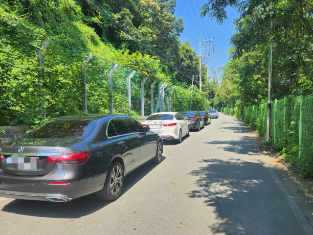 여름철을 맞아 대구 수성구 수성·팔현파크골프장과 인근 패밀리공원 물놀이장에 이용객이 몰리면서 29가구가 거주하는 인근 마을 일대가 무단 주차로 몸살을 앓고 있다. 이날 역시 고모동 수성파크골프장에서 수성패밀리파크로 이어지는 300m가량의 이면도로에 승용차가 줄지어 주차돼 있었다. 김주원 기자.