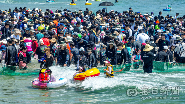 경북 포항시 기계면 최고 기온이 35.9도를 기록한 30일 구룡포해수욕장에서 열린 오징어맨손잡기 체험행사장이 피서객들로 붐비고 있다. 안성완 기자 asw0727@imaeil.com