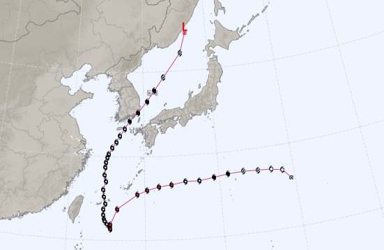 2022년 8월 28일~9월 6일 11호 태풍 힌남노 실제 이동 경로. 기상청
