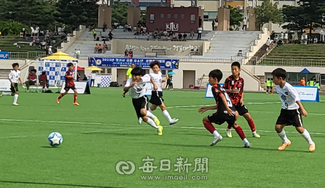 2일 오전 경산 경일대 운동장에서 열린 2023 경산시 국제 유소년 축구 프랜들리 매치에 출전한 선수들이 축구경기를 하고 있다. 경산시 축구협회 제공