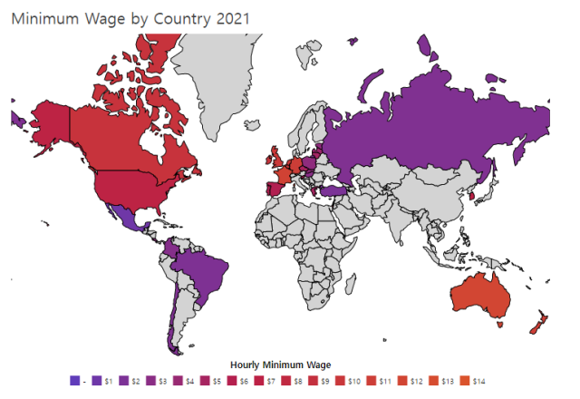 전 세계 국가별 시간당 최저임금(Hourly Minimum Wage) 정도에 따른 구분. 출처=위러브엔젯