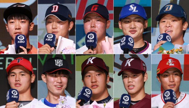 14일 오후 서울 웨스틴 조선호텔에서 열린 2024 KBO 신인드래프트. 각 구단에 지명된 선수들이 소감을 밝히고 있다. 왼쪽 위부터 시계방향으로 황준서(장충고),김택연(인천고),전미르(경북고),육선엽(장충고),김희건(휘문고),박지환(세광고), 김윤하(장충고),전준표(서울고), 원상현(부산고),조대현(강릉고). 연합뉴스