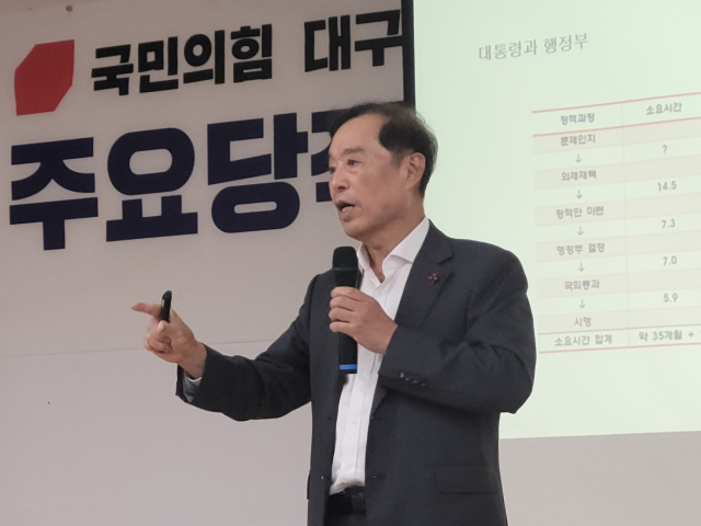 김병준 전국경제인연합회 비상임고문이 19일 국민의힘 대구시당에서 당원 대상 교육을 하고 있다. 이민호 기자 lmh@imaeil.com