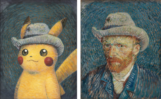 Left: Pikachu inspired by Self-Portrait with Grey Felt Hat, Naoyo Kimura (1960), ThePokémon Company International. Right: Self-Portrait with Grey Felt Hat, Vincent vanGogh, 1887, Van Gogh Museum, Amsterdam (Vincent van Gogh Foundation)