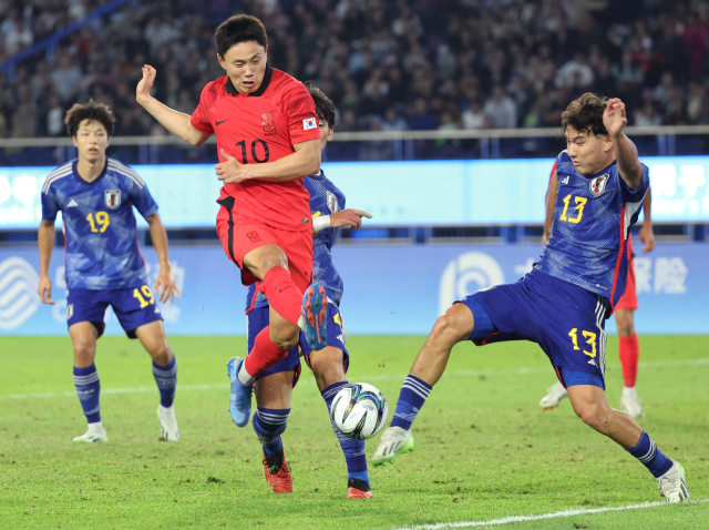 7일 중국 항저우 황룽 스포츠센터 스타디움에서 열린 2022 항저우 아시안게임 남자축구 대한민국과 일본의 결승전. 조영욱이 슛을 시도하고 있다. 연합뉴스