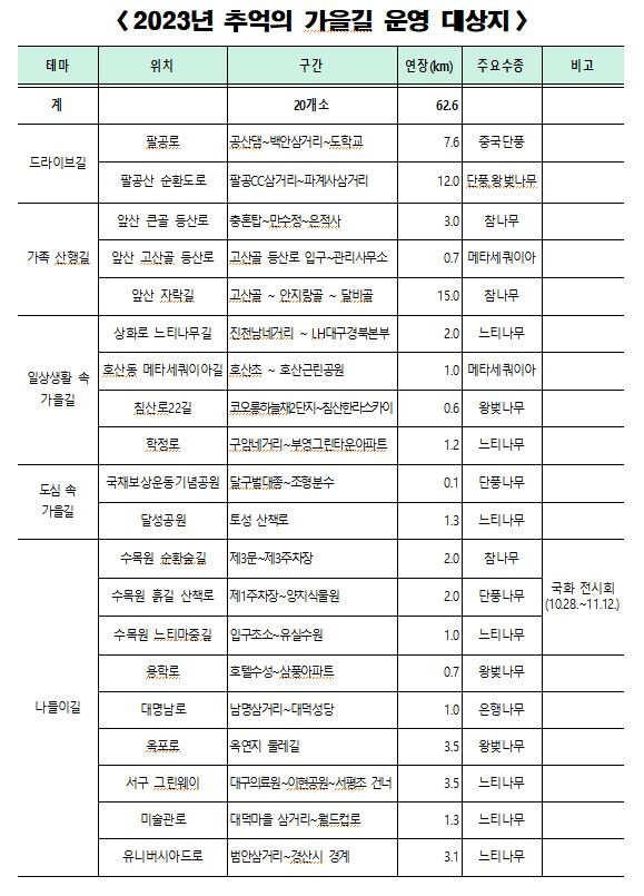 대구시 선정 추억의 가을길 코스