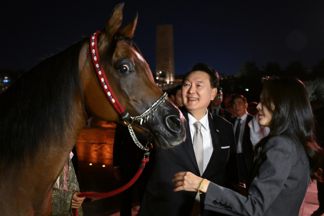 사우디아라비아를 국빈 방문한 윤석열 대통령과 김건희 여사가 21일(현지시간) 리야드 인근에 위치한 사우디 왕국의 기원지라 할 수 있는 디리야 유적지를 방문, 아라비아 말을 살펴보고 있다. 연합뉴스