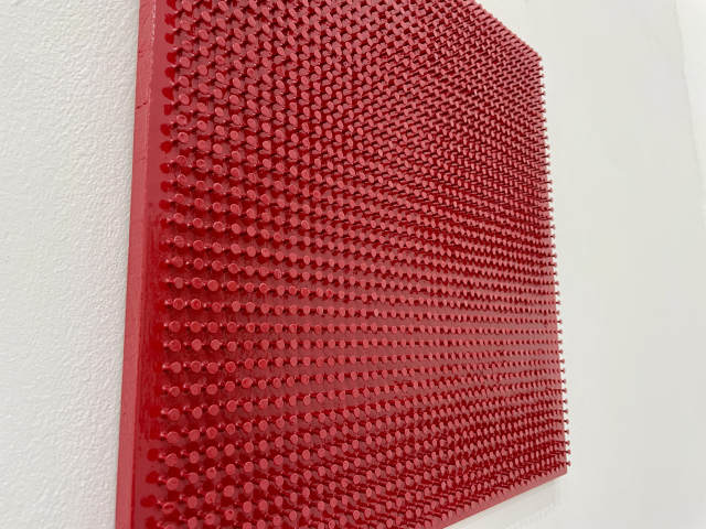 Bernard Aubertin, Red nailmonochrome, 55x55cm, Acrylic on canvas, 2012.