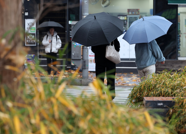 겨울비 내리는 11일 오전 광주 북구 전남대에서 학생들이 우산을 쓰고 횡단보도에 서 있다. 연합뉴스