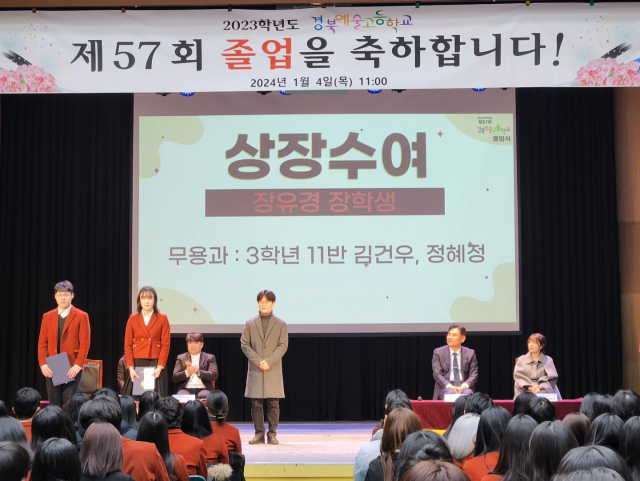 지난 4일 경북예술고교 졸업식에서 김건우 군과 정혜정 양이 장유경 계명대 명예교수의 장학금을 전달 받았다.