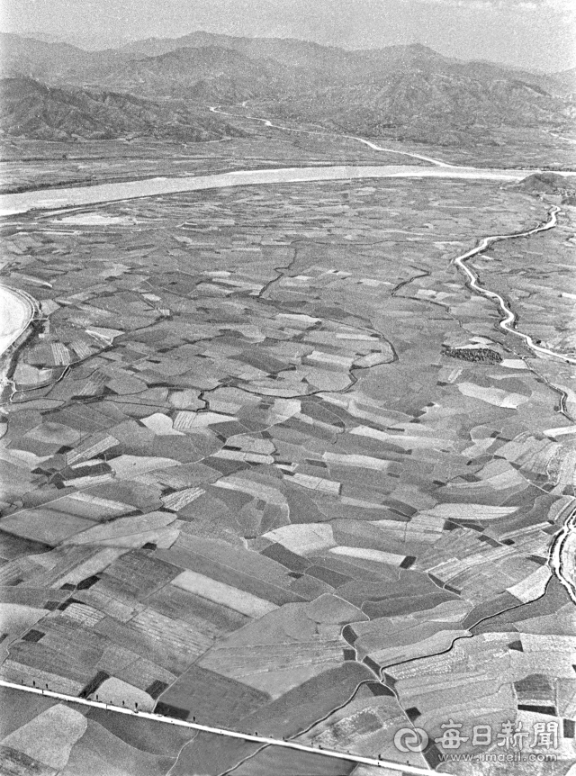 1964년 6월 경지정리 전 금릉군 아포면(현 김천시 아포읍) 봉산리, 의리 일대 굴곡진 농경지. 감천이 수시로 범람해 농사를 망치곤 했던 상습 침수지였다. 사진 아래 신작로는 현재의 아포대로다. 사진=매일아카이빙센터