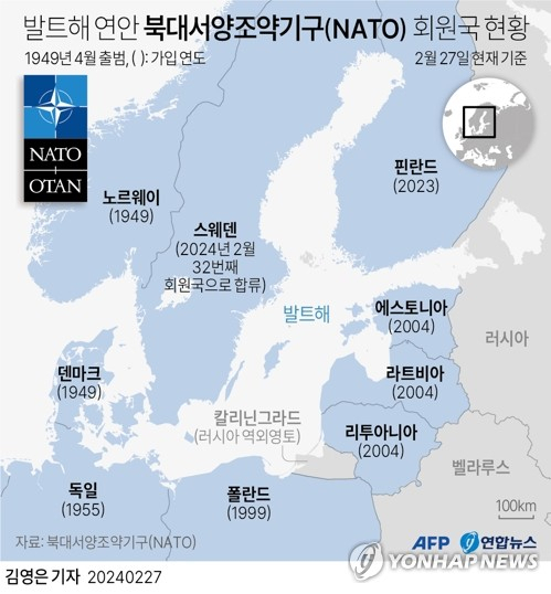 [그래픽] 발트해 연안 북대서양조약기구(NATO) 회원국 현황 (AFP=연합뉴스)