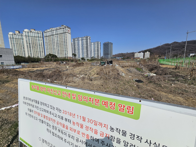 한국도로공사 인근 산학연 클러스터 부지에 농작물 경작 금지를 알리는 경고 안내판이 세워져 있다. 조규덕 기자
