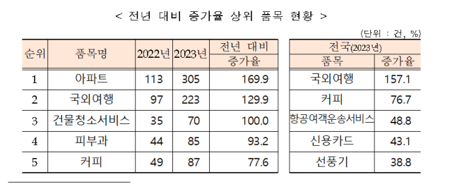 2023년 대구지역 전년 대비 소비자 상담 증가율 상위 품목 순위. 대구시 제공