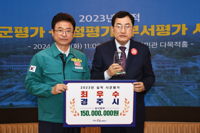 14일 경북도청 에서 열린 2024년 정부합동평가 시상식에서 주낙영(오른쪽) 경주시장이 이철우 경북도지사로부터 수상패를 건네받은 뒤 기념촬영을 하고 있다.경주시 제공