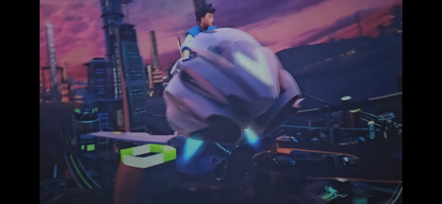 영천시 금호읍에 있는 화랑설화마을 내 4D돔영상관에서 상영하는 3D 애니메이션의 한 장면. 화랑인 주인공이 오토바이를 타고 공중을 날고 있다. 윤정훈 기자