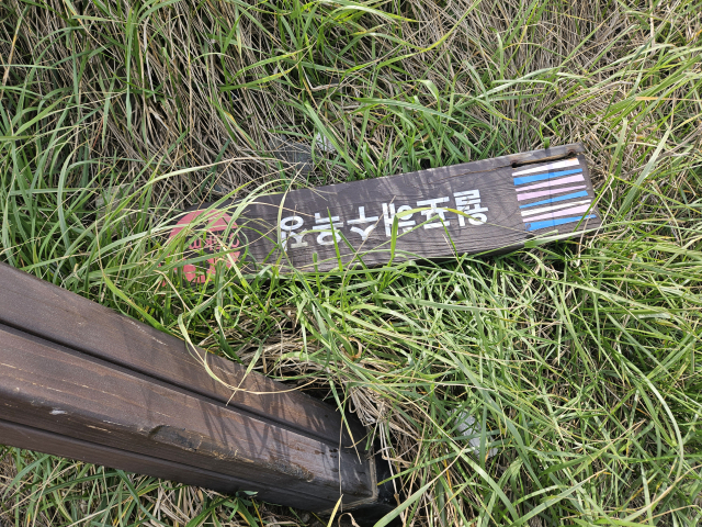 포항 월포해수욕장으로 가는 길에 세워진 안내판의 팻말 일부가 훼손된 상태로 방치돼 있다. 윤정훈 기자