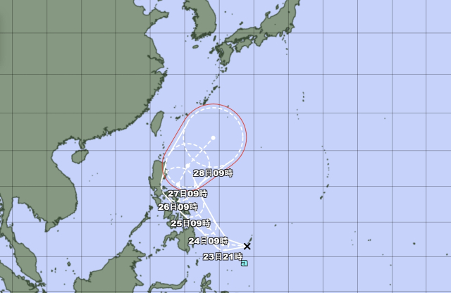 일본기상청 23일 오전 9시 발표 열대저압부a(24시간 내 1호 태풍 에위니아로 발달 전망) 예상경로