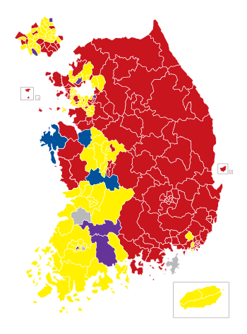 2012년 4월, 집권여당(새누리당)이 과반 이상 의석을 확보한 제19대 총선 결과. 출처=위키백과