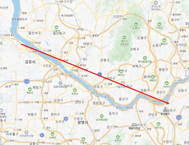 경기 김포시→서울 용산구→광진구 청담대교 경로. 네이버 지도