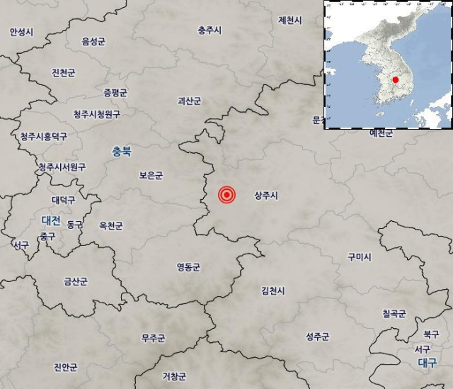 6월 12일 오후 10시 46분 경북 상주시 서쪽 20km 지역 규모 1.2의 지진 현황. 기상청