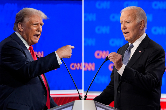 27일(현지시간) 미국 조지아주 애틀랜타 CNN 스튜디오에서 열린 미 대선 후보 첫 TV 토론에 참석한 조 바이든 대통령(오른쪽)과 도널드 트럼프 전 대통령이 격돌하고 있다. 연합뉴스
