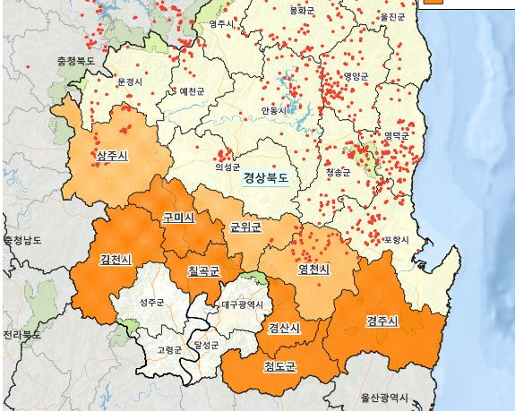 지난 2023~2024년 경북 아프리카돼지열병(ASF) 양성 지점(빨간색 점) 및 집중 대응 지역. 환경부 제공