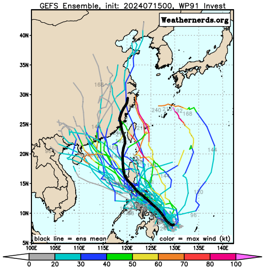 다중앙상블(GEFS) 모델의 91W 열대요란 예상 경로