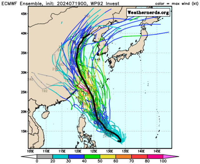 유럽중기예보센터(ECMWF) Ensemble(앙상블) 모델 92W 열대요란 예상경로