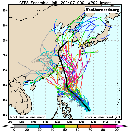 다중앙상블(GEFS) 모델 92W 열대요란 예상경로