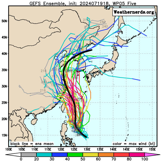 다중앙상블(GEFS) 모델 6호 열대저압부 예상경로