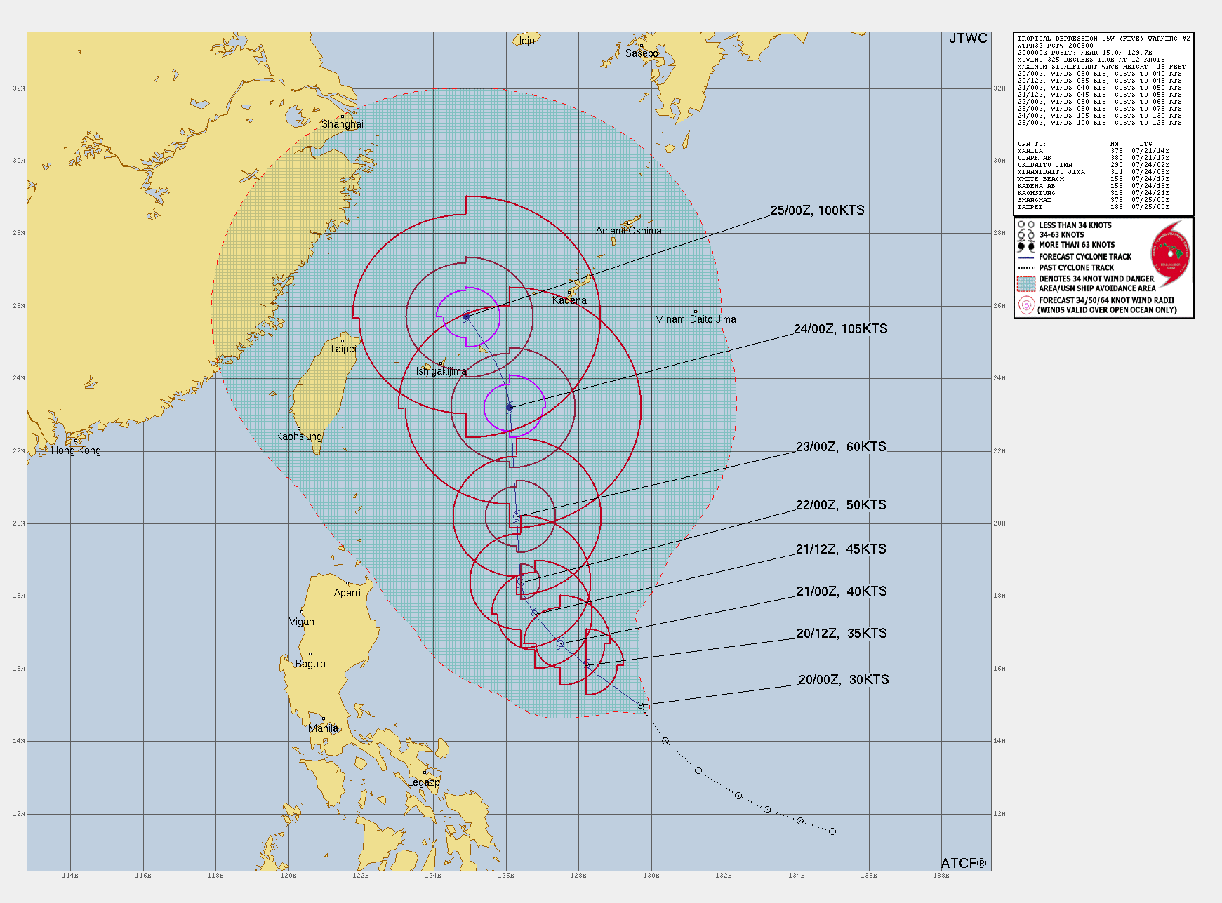 미국 합동태풍경보센터(JTWC, Joint Typhoon Warning Center) 6호 열대저압부 예상경로