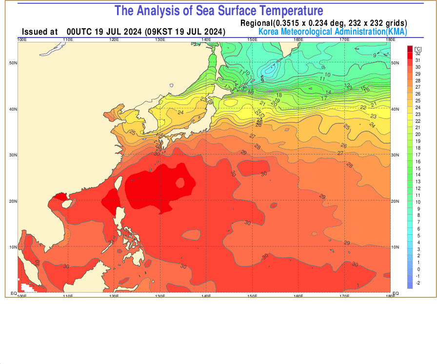 7월 19일 기준 동아시아 지역 해수면 온도. 태풍 진로는 태풍의 