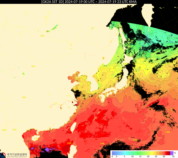 7월 19일 기준 동아시아 지역 해수면 온도