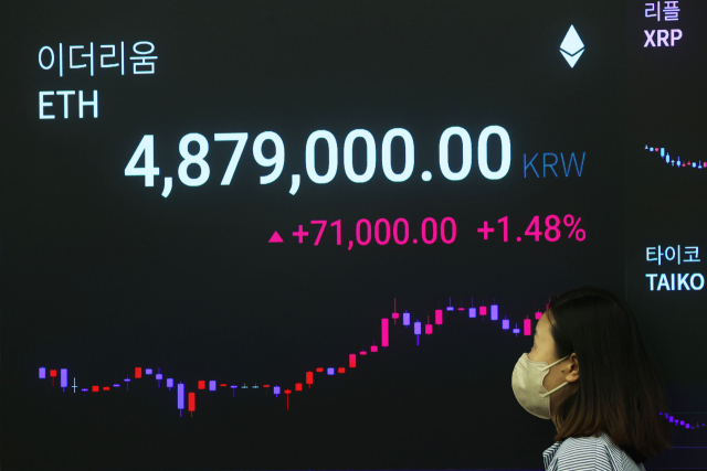 미국 증권거래위원회(SEC)는 가상화폐 이더리움 현물 상장지수펀드(ETF) 거래를 승인했다고 22일(현지시간) 밝혔다. 사진은 23일 서울 강남구 업비트 라운지에 표시된 가상화폐 시세. 연합뉴스