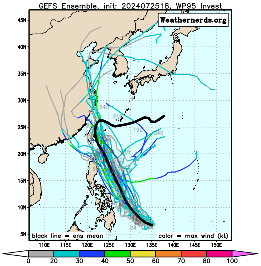 다중앙상블(GEFS) 모델 95W 열대요란 예상경로