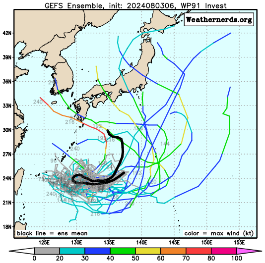 다중앙상블(GEFS) 모델 91W 열대요란 예상경로