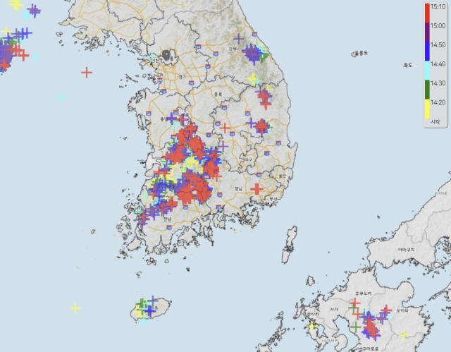 5일 오후 3시 10분 기준 전국 낙뢰 발생 현황. 기상청