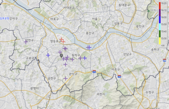 5일 오후 4시 20분 기준 서울 도심 낙뢰 발생 현황. 기상청