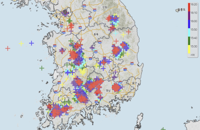 5일 오후 4시 20분 기준 전국 낙뢰 발생 현황. 기상청