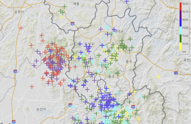 5일 오후 4시 20분 기준 대전 도심 낙뢰 발생 현황. 기상청