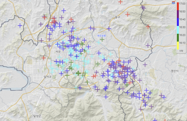 5일 오후 5시 기준 대구 도심 낙뢰 발생 현황. 기상청