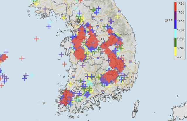 5일 오후 5시 30분 기준 전국 낙뢰 발생 현황. 기상청