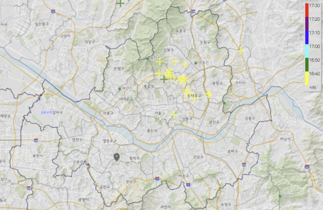 5일 오후 5시 30분 기준 서울 낙뢰 발생 현황. 기상청