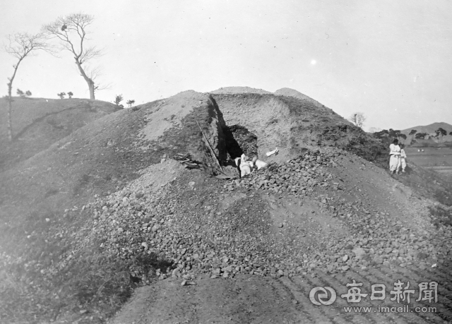 1909년 황남리 남총(현 144호분) 발굴 당시 모습. 1906년 발굴을 시도하다 실패해 다시 봉분에 좁고 깊은 구덩이를 파던 도중 붕괴사고가 발생해 발굴이 중단됐다. 이후 서악리 무덤에서 최초 발굴작업이 이뤄져 이때 출토된 유물은 모두 도쿄제국대학으로 반출됐다.촬영-야쓰이, 소장-정인성