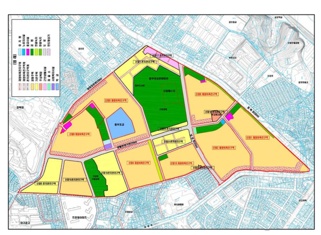 지난해 4월 고시된 신암재정비촉진지구(신암뉴타운) 토지이용계획. 왼쪽 위부터 9·6·8·1·2·10·4구역(빨간색 표기). 대구시 제공